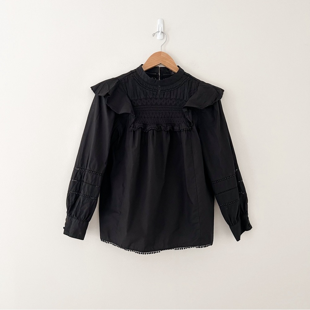 J.Crew Crochet Lace Ruffle Balloon Sleeve Cotton Top Blouse in Black
